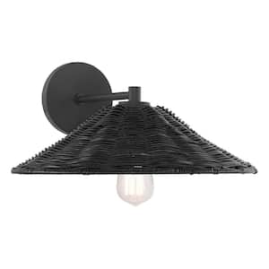 1-Light Matte Black Wall Sconce with Natural Rattan Shade