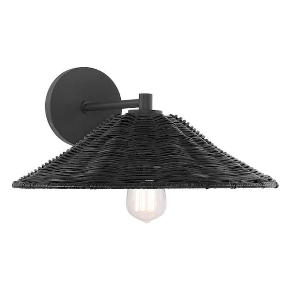 TUXEDO PARK LIGHTING 1-Light Matte Black Wall Sconce with Natural Rattan Shade
