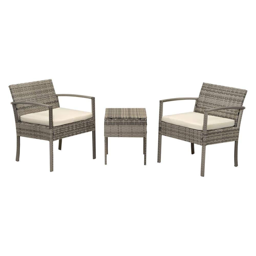 3-Piece PE Rattan Wicker Outdoor Patio Conversation Set with White Cushions
