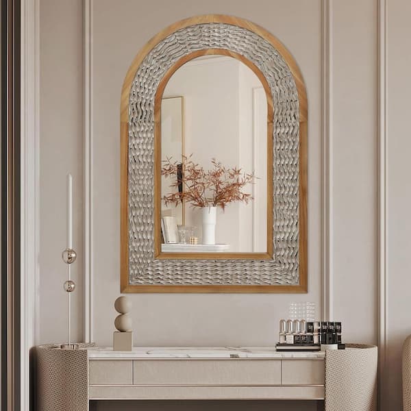 Sxiawe 24 in. H x 36 in. W Bohemian Arched Wood Frame Rustic Art Wall Mirror Decorative Mirror