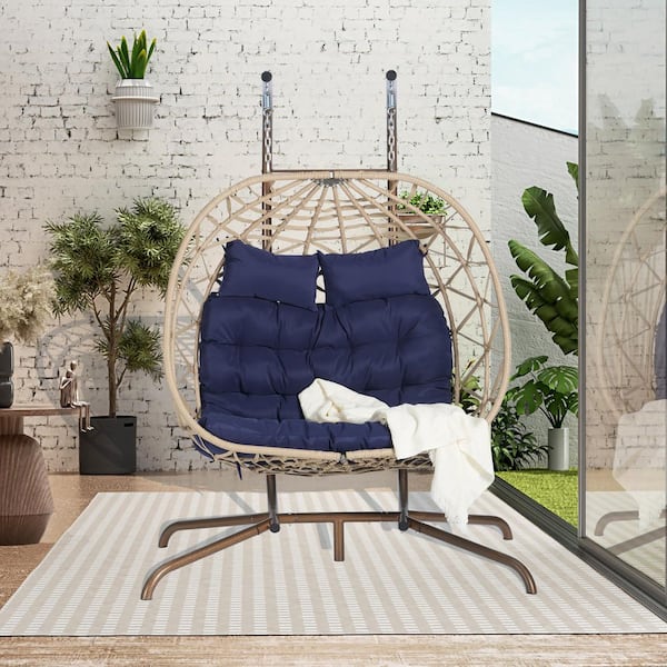 4.9 ft. Outdoor Free Standing Hammock Egg Chair with Stand, Dark Blue Cushion, Hanging Egg Chair