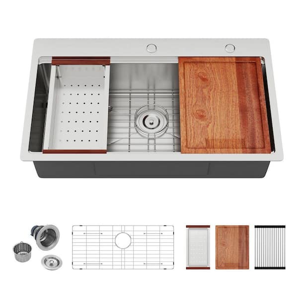 33 in. x 19 in. x 9 in. Single Bowl Drop-In 16-Gauge Stainless Steel Workstation Kitchen Sink with Accessories
