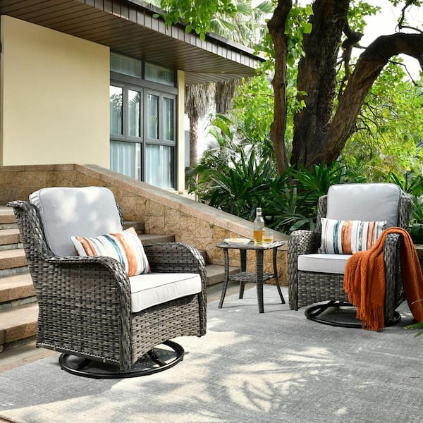 OVIOS Joyoung Gray 3-Piece Wicker Outdoor Patio Conversation Seating Set with Gray Cushions and Swivel Rocking Chairs