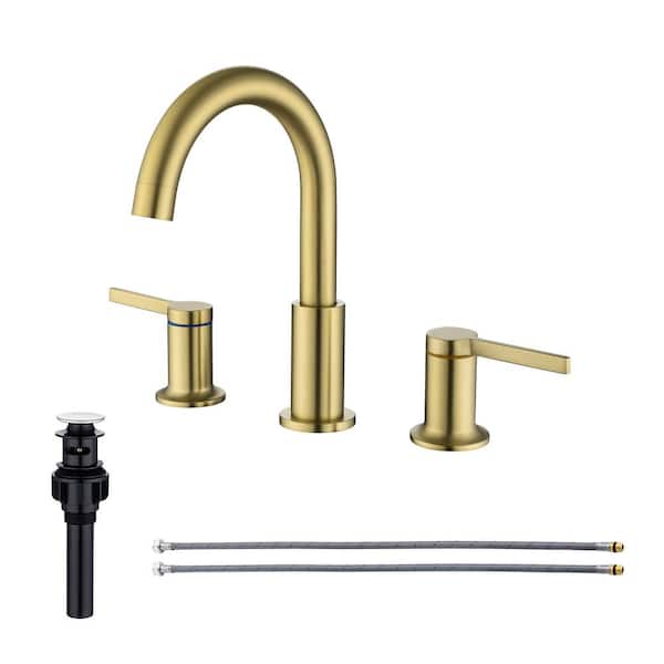RAINLEX 8 in. Widespread Double Handle Bathroom Faucet with Drain Assembly in Brushed Gold