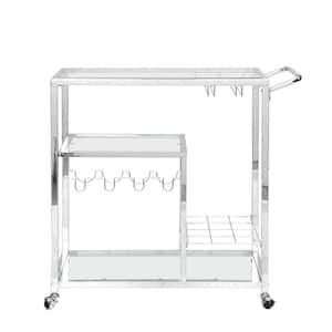 Modern Rolling Glass Kitchen Cart 3-Tier Serving Cart Silver Metal Frame with Wine Storage