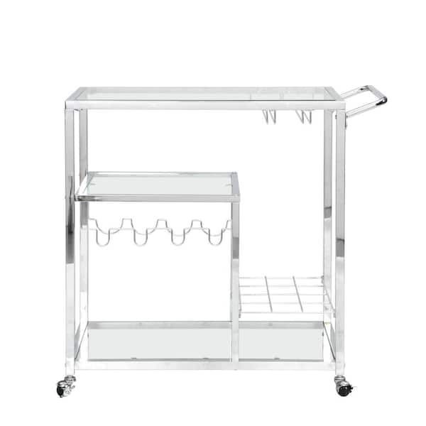Unbranded Modern Rolling Glass Kitchen Cart 3-Tier Serving Cart Silver Metal Frame with Wine Storage