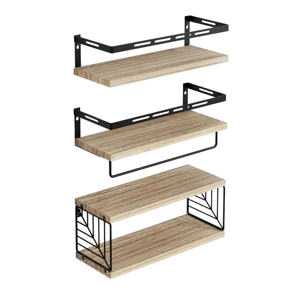 3-Piece 15.8 in. x 3 in. x 5.9 in. Wood Rectangular Bathroom Shelf in Rustic Brown with Towel Bar, Floating Shelves