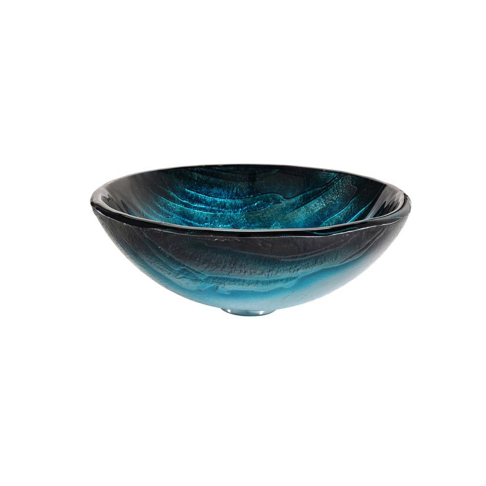 Ice-Blue Glass Round Vessel Sink with Oil Rubbed Bronze Faucet