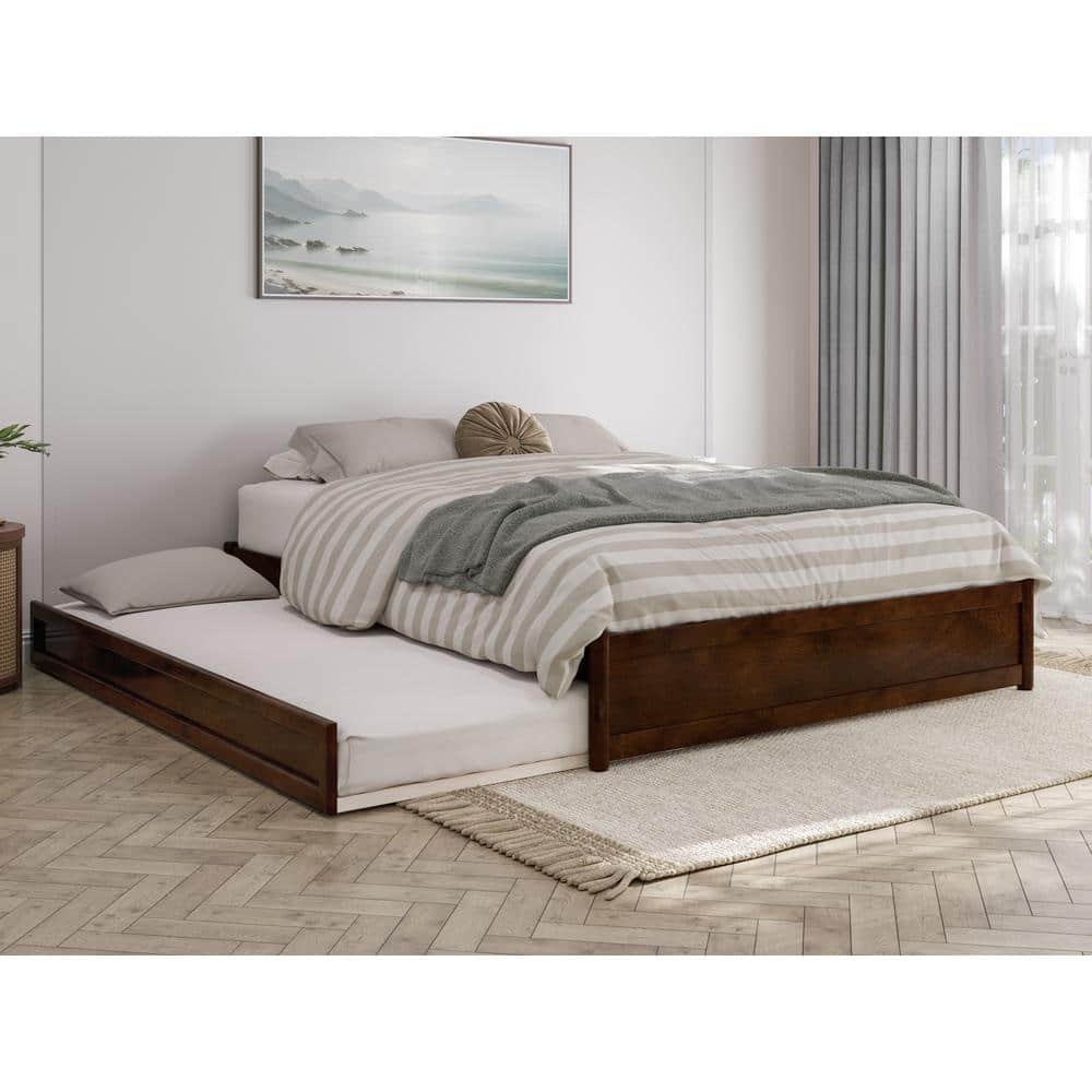 Barcelona Queen Walnut Wood Platform Bed with Twin XL Trundle