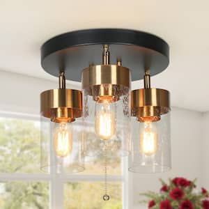 18 in. 3-Light Black Modern Semi-Flush Mount, Brass Gold Ceiling Light with Cylinder Seeded Glass Shade