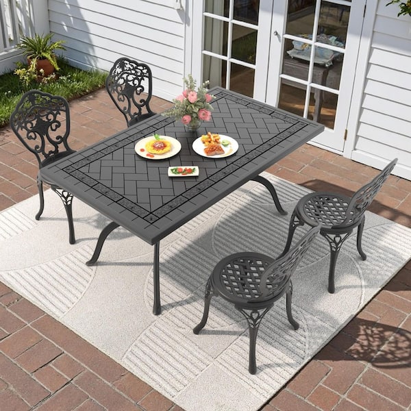 Black 5-Piece of Cast Aluminum Outdoor Patio Dining Set with 59.06 in. x 35.43 in. Rectangular Table and Armless Chairs