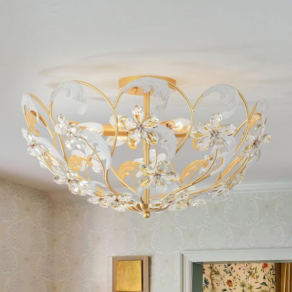 A❥︎ Rennnsan 21 in. 6-Light Modern Bowl Brushed Gold Crystal Flower