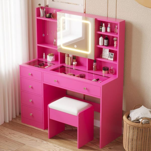 Karl home Barbie Pink 5-Drawer Makeup Vanity Set with Adjustable Mirror and Shelves