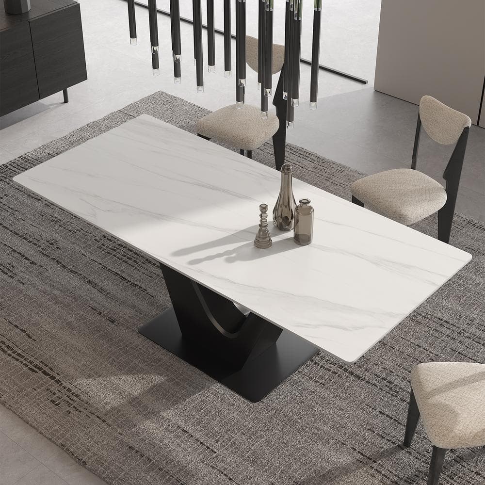 Modern Rectangle White Snowy Mountain Stone Tabletop 55.12 Stainless Ste