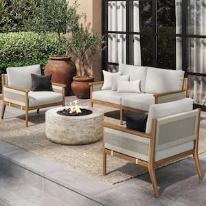 Kayden Bohemian 3-Piece Patio Conversation Set, Solid Acacia Wood Patio Loveseat and Chairs with Gray Cushions
