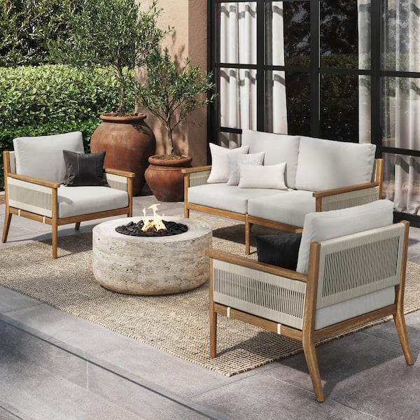 Kayden Bohemian 3-Piece Patio Conversation Set, Solid Acacia Wood Patio Loveseat and Chairs with Gray Cushions