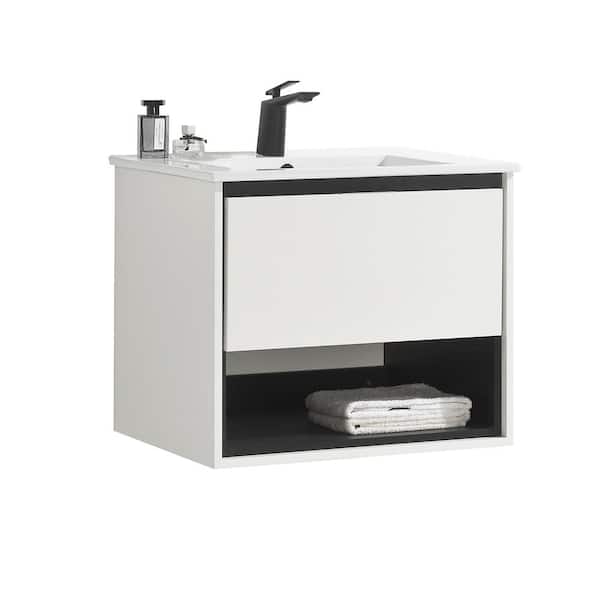 JimsMaison Eimi 24 in. W x 18 in. D x 20 in. H Bathroom Vanity Side Cabinet in White with White Ceramic Top