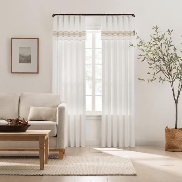 Mercantile Drop Cloth Linen Cotton Stripe 50 in. W x 95 in. L Ring Top Tab Light Filtering Curtain (Single Panel)