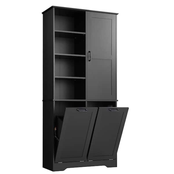 31 in. W x 14 in. D x 68 in. H Black Wood Linen Cabinet Storage Cabinet with Tilt-Out Laundry and Adjustable Shelf
