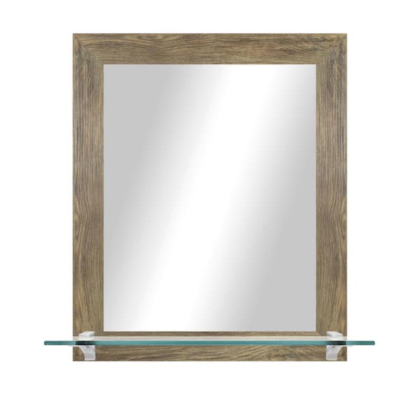 Unbranded 21.5 in. W x 25.5 in. H Rectangle Brown Vertical Framed Mirror With Tempered Glass Shelf/Chrome Bracket