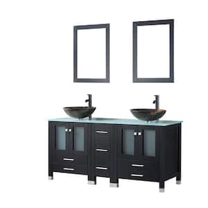 60 in. W x 21.5 in. D x 61 in. H Double Sinks Bath Vanity in Black with Glass Top and Mirror