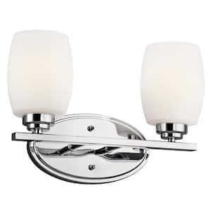 Eileen 14.25 in. 2-Light Chrome Contemporary Bathroom Vanity Light with Etched Glass Shade
