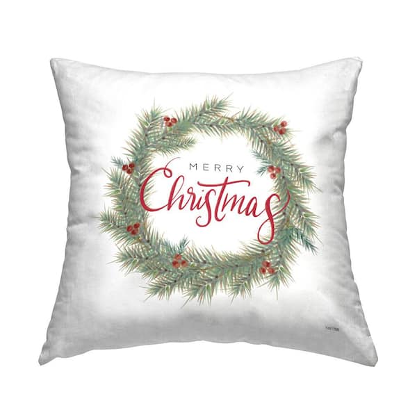 Merry Christmas Holly Wreath Green Print Polyester 18in. X 18in. Throw Pillow