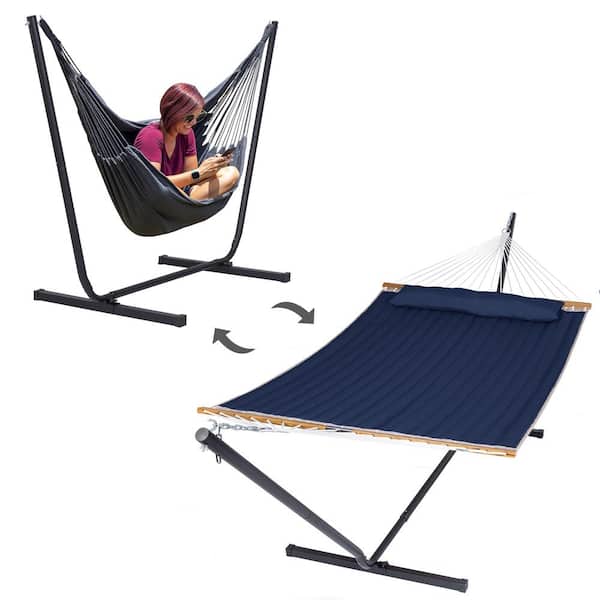 Atesun 12 ft. 2-in-1 Indoor/Outdoor Portable Hammock Swing Chairs with Stand Included, Heavy-Duty Hammock in Solid Blue