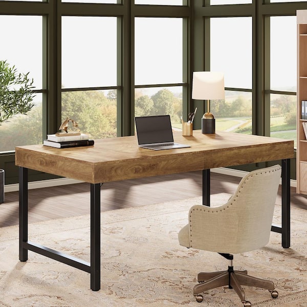 Capen 55 in. Rectangle Brown Engineered Wood Executive Desk with Sturdy Metal Legs for Home Office