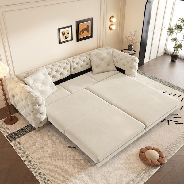 Button Tufted 3-in-1 Convertible 97.7 in Beige Velvet King Size Pull-out Sofa Bed with 2-Pillows