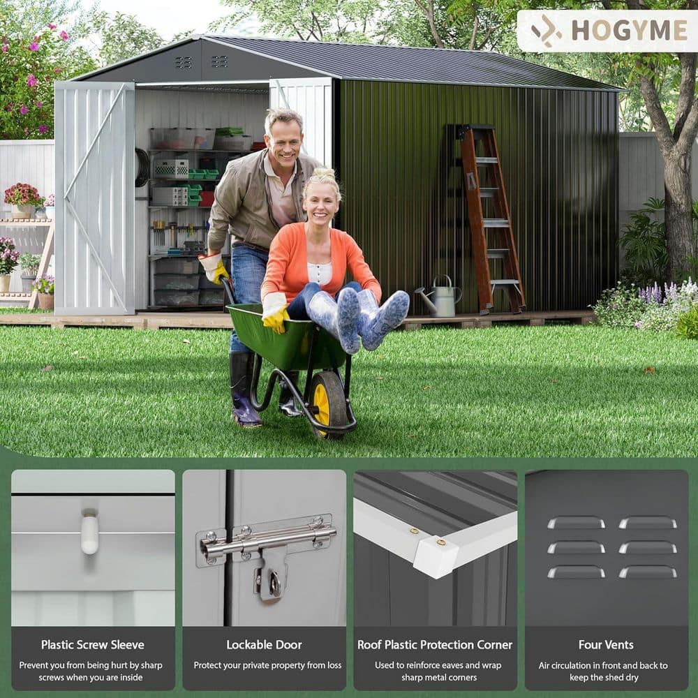 8' x 12' Gray Metal Garden Storage Shed with Double Doors