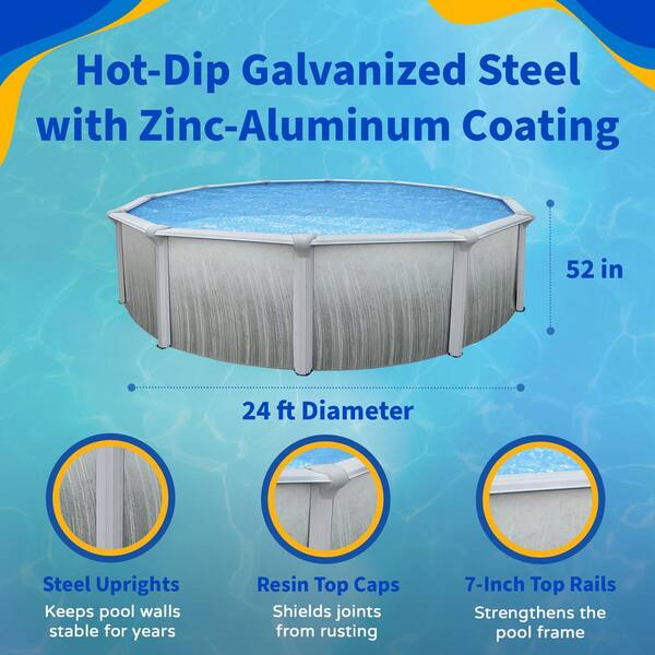 Blue Wave - Martinique 24 ft. Round x 52 in. Deep Metal Wall Above Ground Pool Package with 7 in. Top Rail