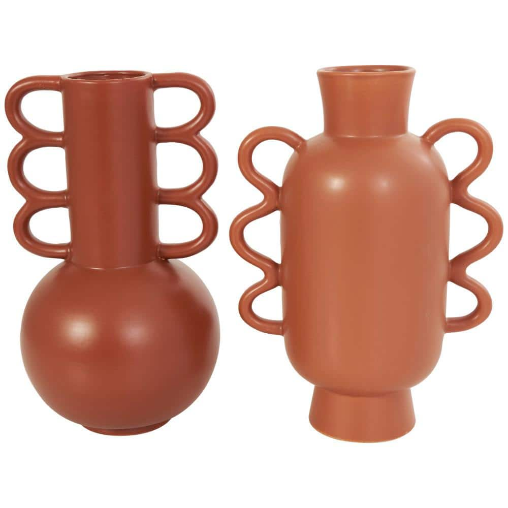 CosmoLiving by Cosmopolitan Orange Ceramic Decorative Vase with Varying Shapes and Wavy Handles (Set of 2)