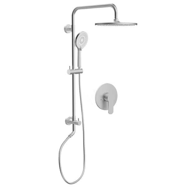YAWWALK 2-Spray Round High Pressure Wall Bar Shower Kit with 3-Spray Hand Shower in Brushed Nickel (Valve Included)