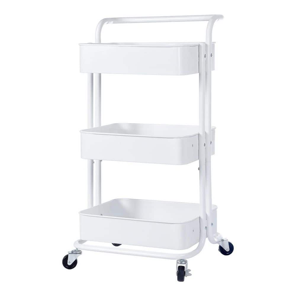 Tileon 3-Tier Rolling Storage Utility Cart in White, Heavy-Duty Craft Cart with Wheels and Handle