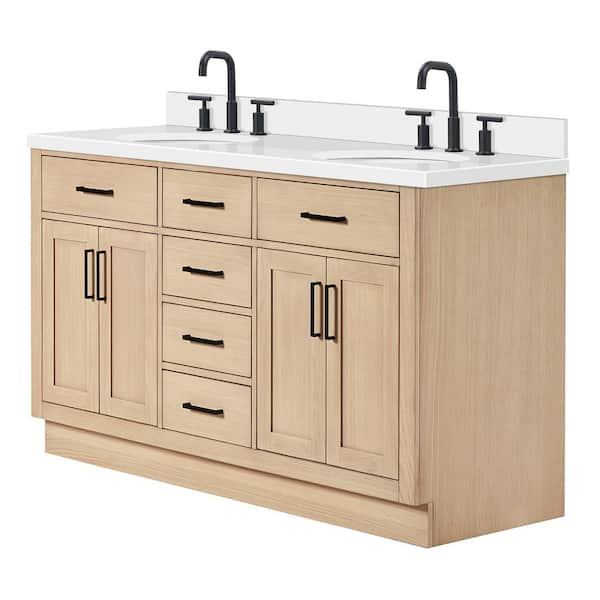 Hepburn 61 in. W x 22 in. D x 36 in. H Double Freestanding Bath Vanity in Oak with Pure White Quartz Top