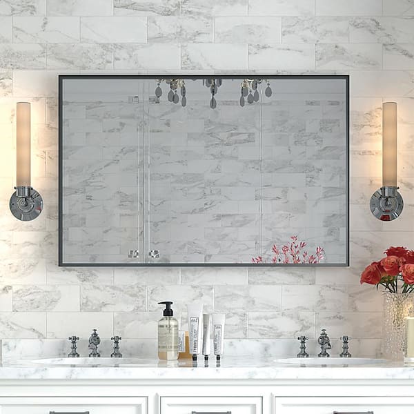 OLUMAT 36 in. W x 24 in. H Rectangular Framed Wall Mounted Bathroom Vanity Mirror in Black