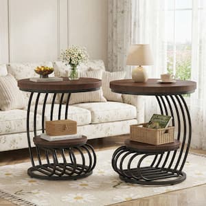 Kerlin 19.68 in. Brown Round Wooden End Table with Curved Frame for Living Room, Easy Assembly (Set of 2)