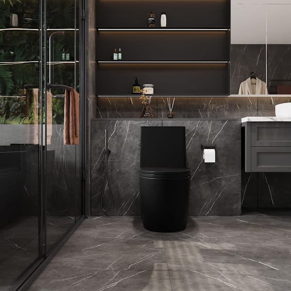 12 in. Rough 1-Piece 1.1/1.6 GPF Dual Flush Bathroom Elongated Toilet in Matte Black Seat Included