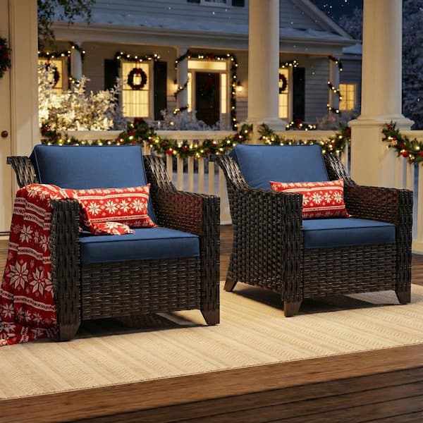 Patio Wicker Outdoor Lounge Chair with Thick Deep Blue Cushions (2-Piece)