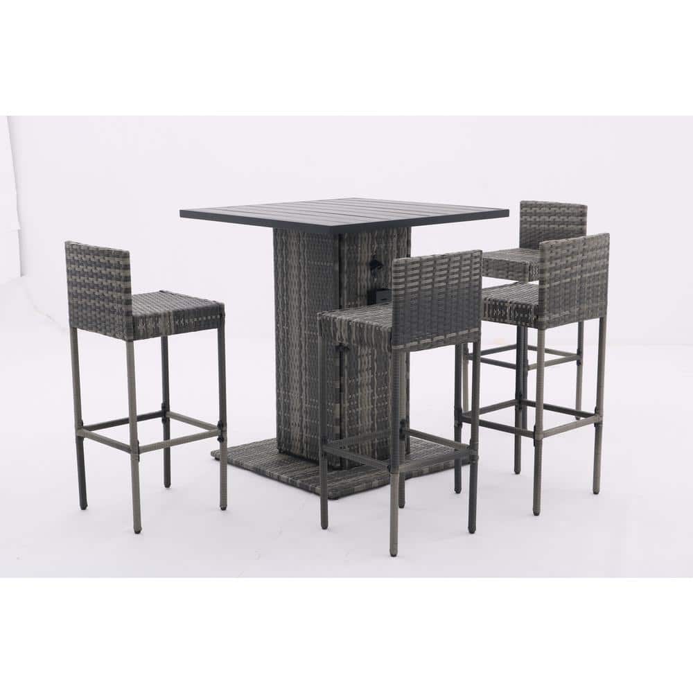 Gray 5-Piece Wicker Outdoor Dining Set, Patio Conversation Bar Set With Met