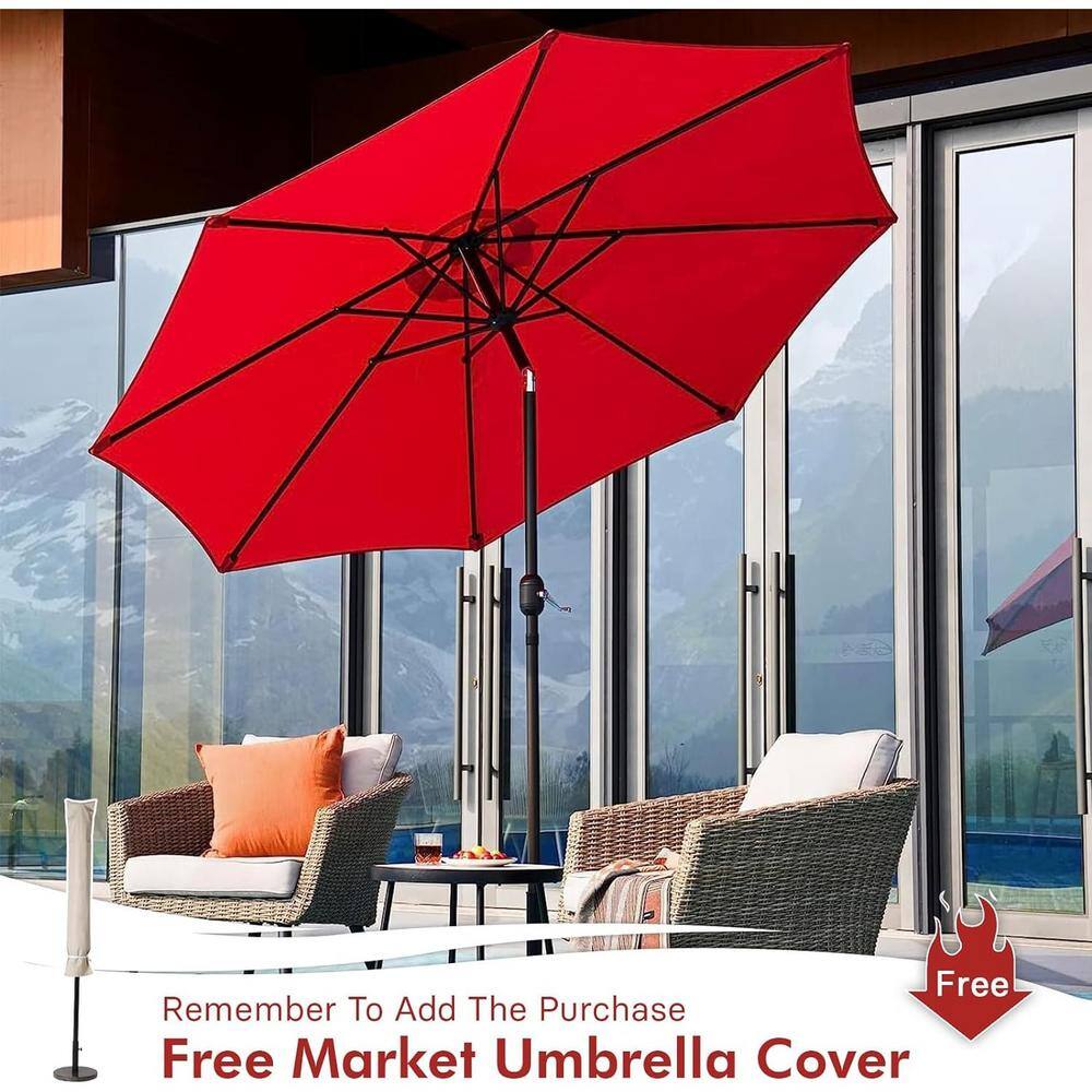 9 ft. Aluminum Market Crank Tilt Enhanced Patio Umbrella with 8 Ribs in Red for Pool Garden
