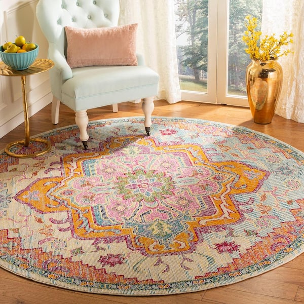 Crystal Light Blue/Fuchsia 4 ft. x 4 ft. Round Border Area Rug