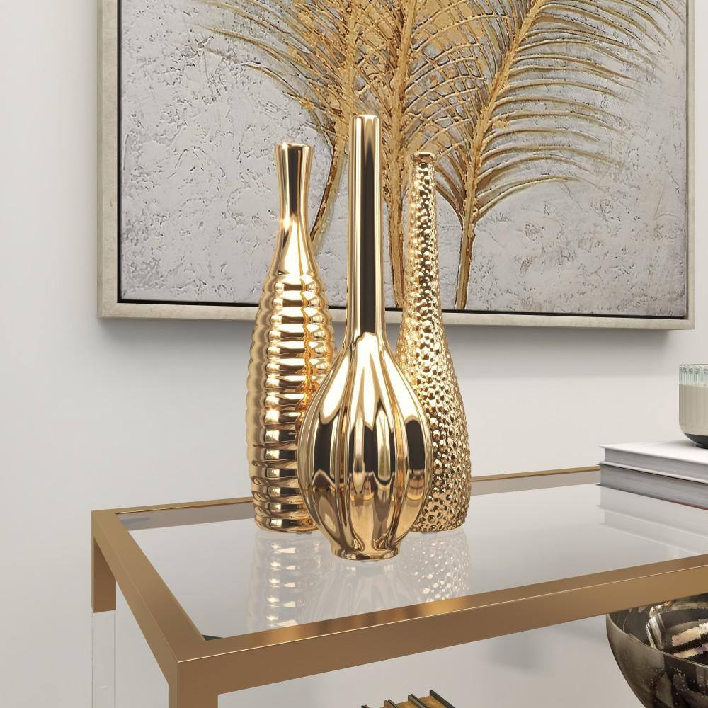 Gold Slim Textured Ceramic Vase Set of Three