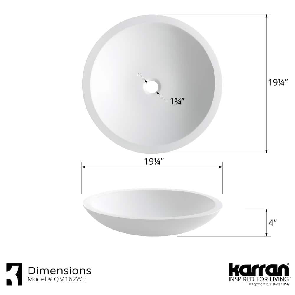 Matte White Acrylic Round Above-Counter Vessel Sink, 19.25"