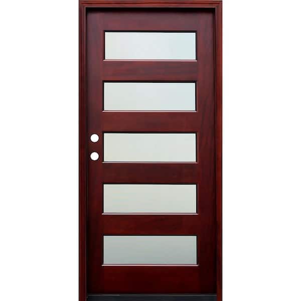 Pacific Entries 36 in. x 80 in. Contemporary 5 Lite Mist Lite Stained Mahogany Wood Prehung Front Door