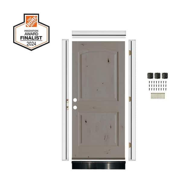 DIY RTA Kit 32 in. x 80 in. Knotty Alder 2-Panel Right-Hand Top Arch Grey Stain Single Wood Ready To Assemble Front Door