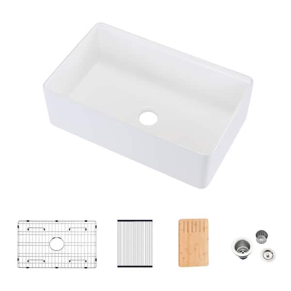 Unbranded White Fireclay 33 in. Single Bowl Farmhouse Apron Front Kitchen Sink with Grid and Strainer