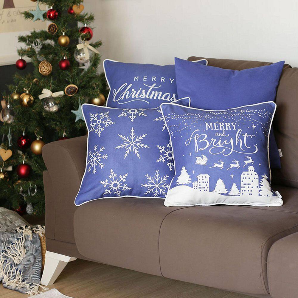 Blue and White Christmas Polyester Pillow Covers Set of 4