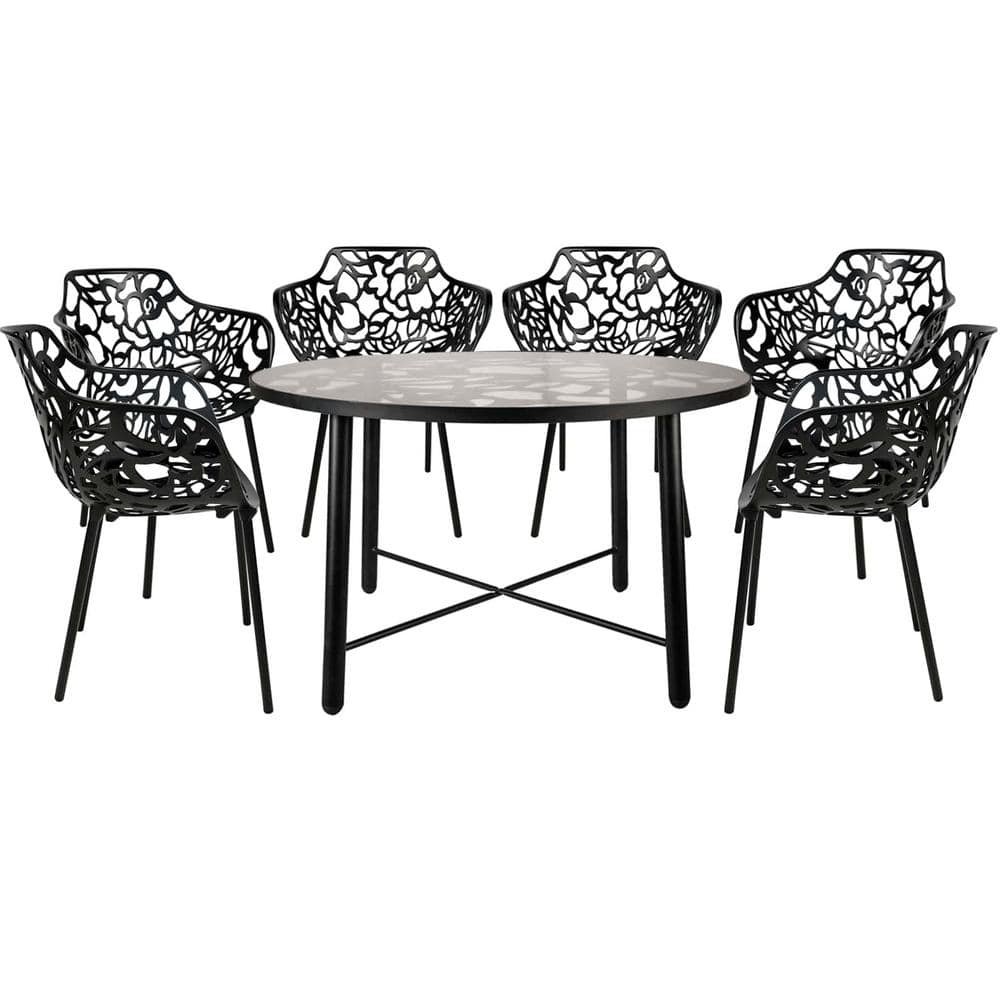 Leisuremod 7Piece Aluminum Outdoor Patio Dining Set with Glass Top Table and 6Stackable